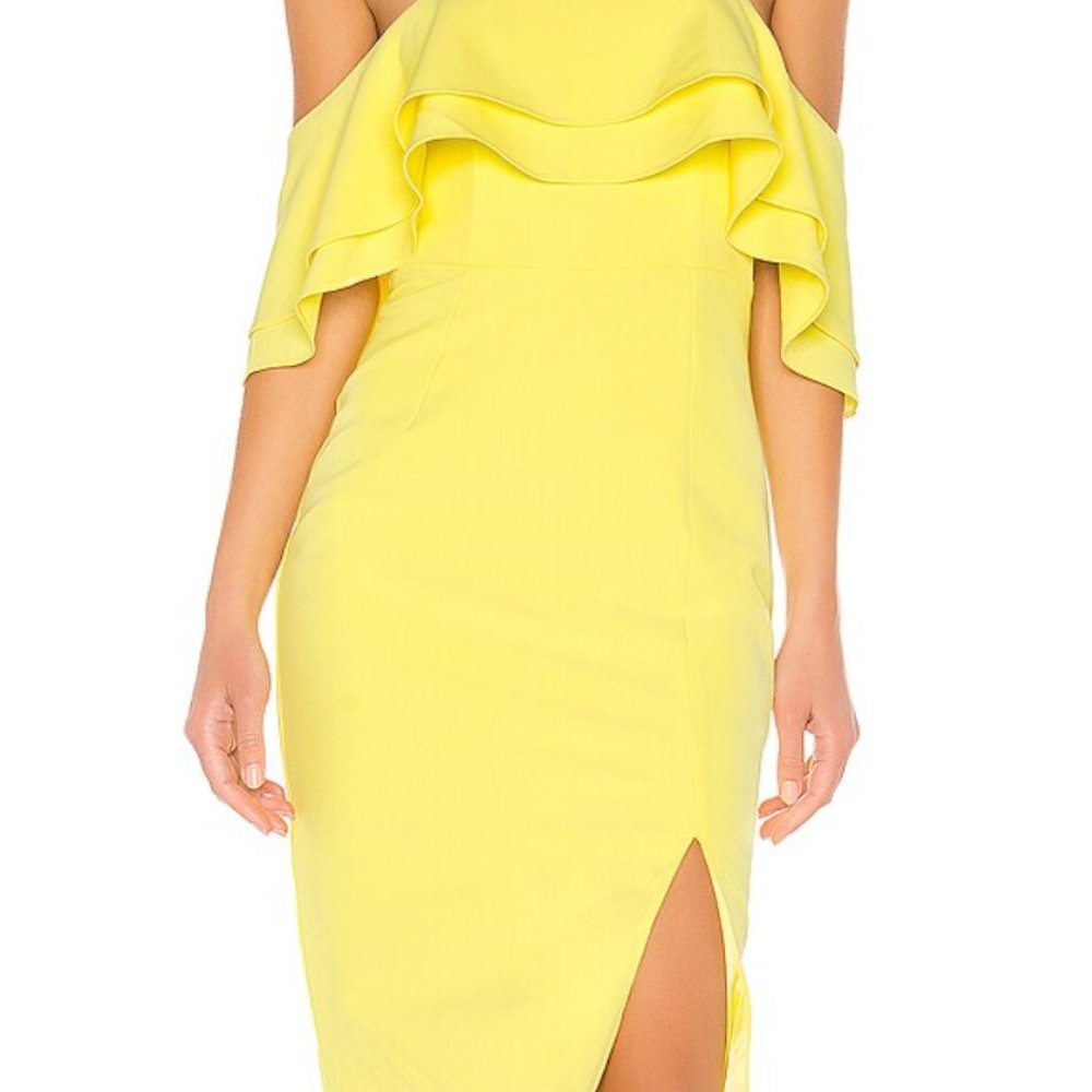 NWT Bardot Strapless Ruffle Sleeve Midi Dress in Yellow Lemon Drop - Size Medium - Picture 2 of 9